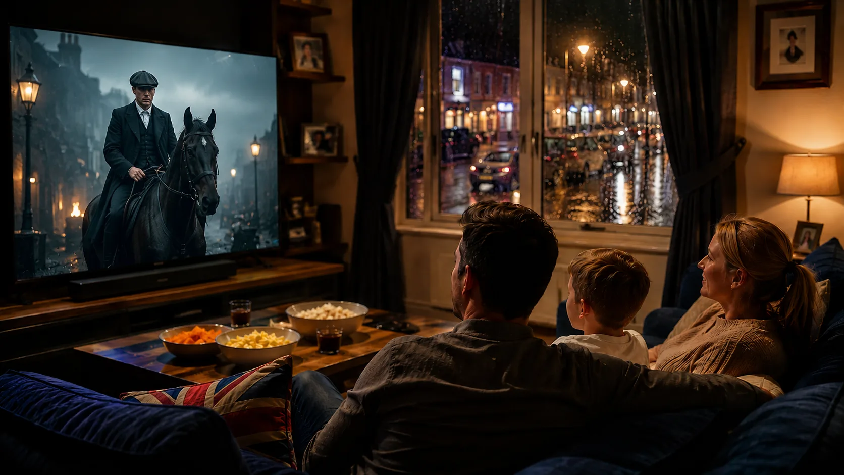 A British family watching premium UK IPTV — live TV, sport and box sets in 4K on IPTVUKmax