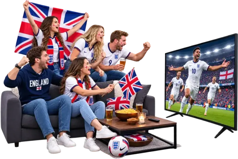 British football fans celebrating a Premier League goal while streaming IPTV UK in 4K on IPTVUKmax